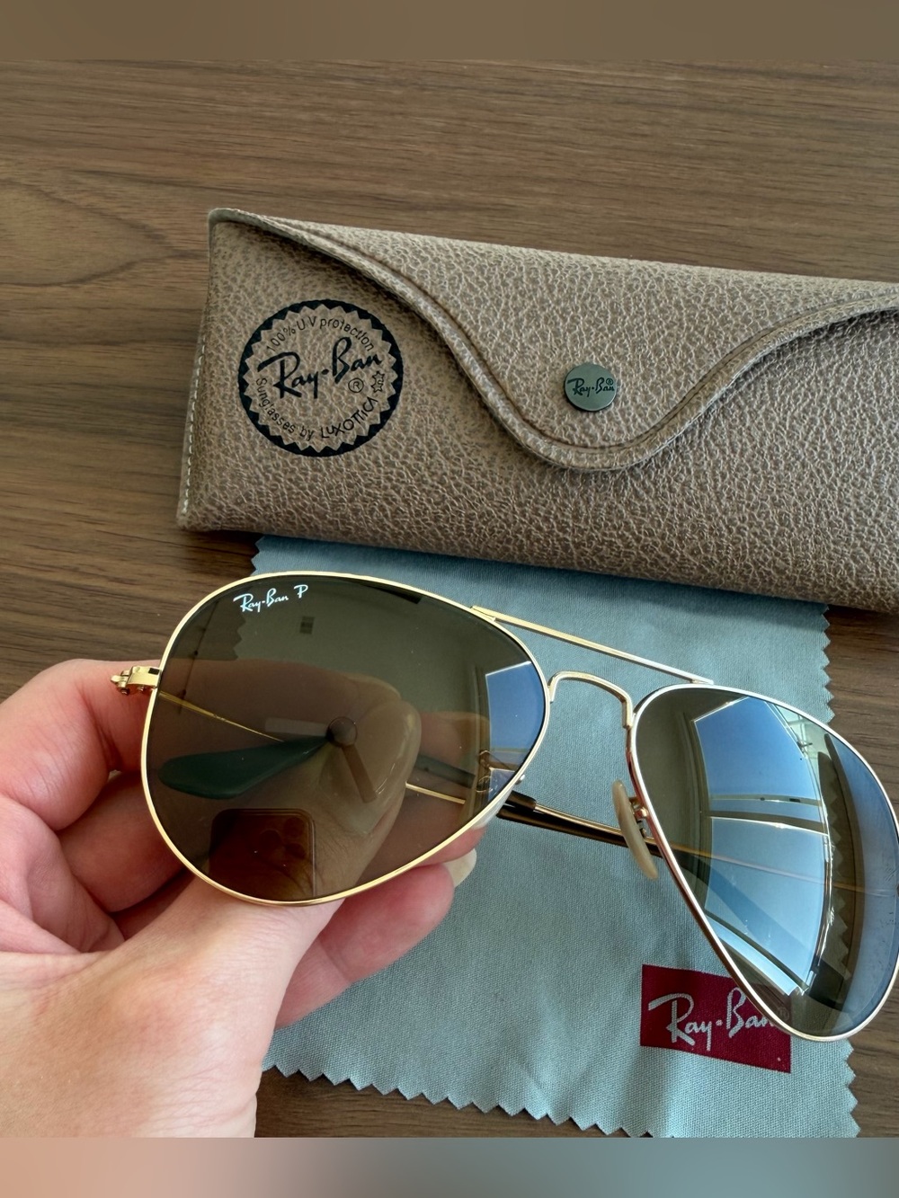 Ray-Ban Authentic unisex Gold Frame Sunglasses with Brown Polarized Lenses